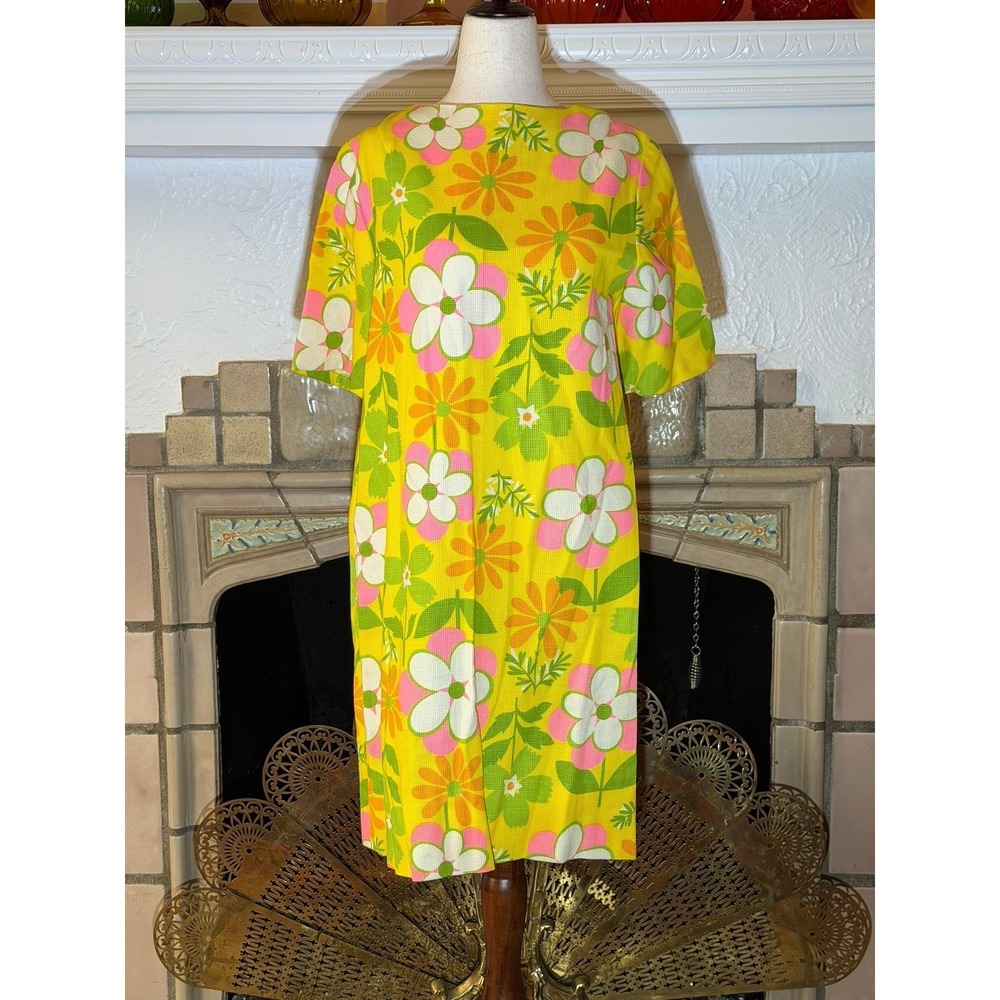 Vtg 60s Psychedelic Mod Shift Dress Yellow Floral Daisy Flower Power Talon Zip L
